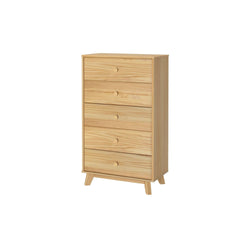 Light wooden chest of drawers with five spacious compartments, perfect for bedroom storage and organization.