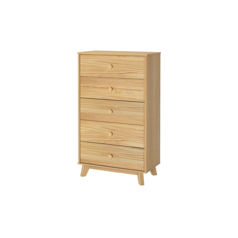 Five-drawer natural pine dresser (chest of drawers) with tapered mid-century legs and light wood finish — bedroom storage furniture
