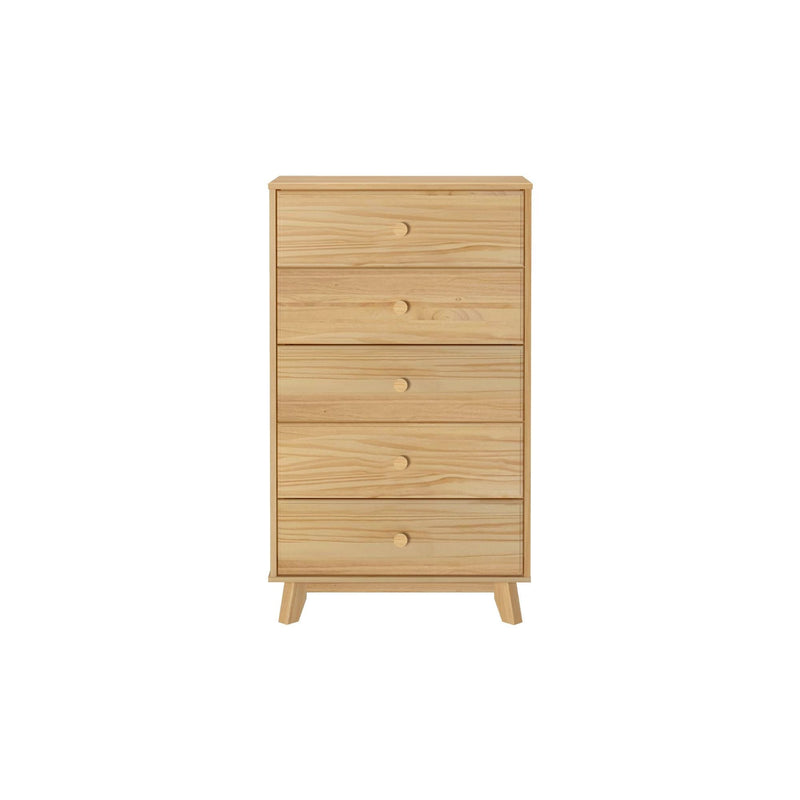 Wooden chest of drawers with five compartments for bedroom storage.