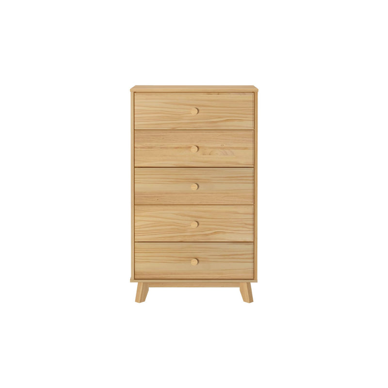 Mid-century modern 5-drawer pine dresser with natural finish and angled legs — tall bedroom storage chest