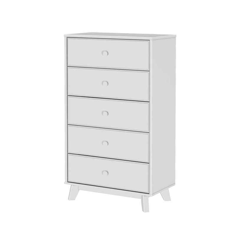 Minimalist white mid-century modern 5-drawer dresser chest of drawers with angled legs for bedroom storage