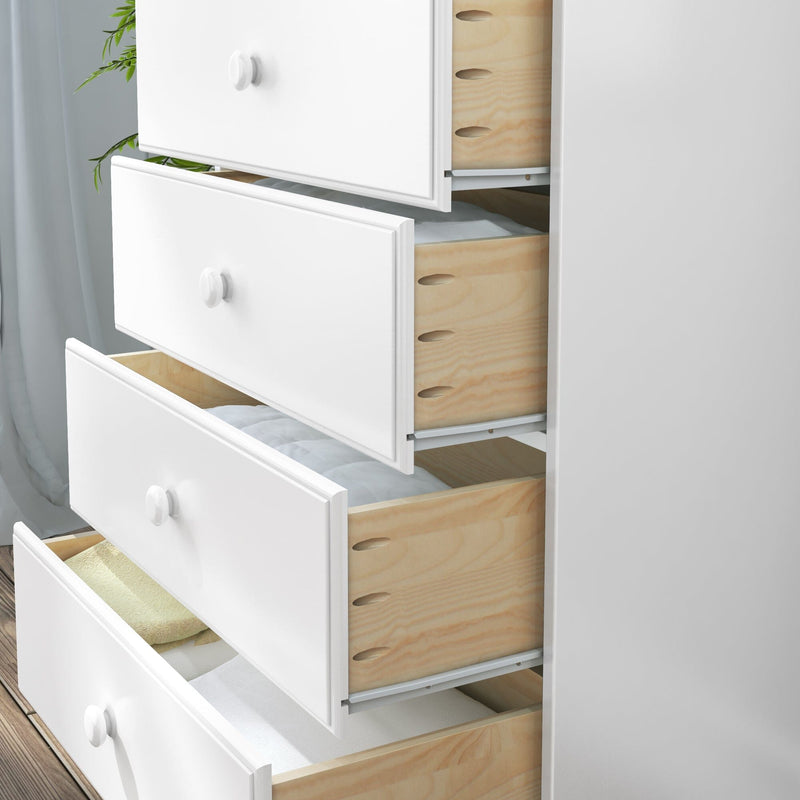 White dresser with open drawers revealing natural wood interiors and neatly folded linens, modern bedroom storage solution
