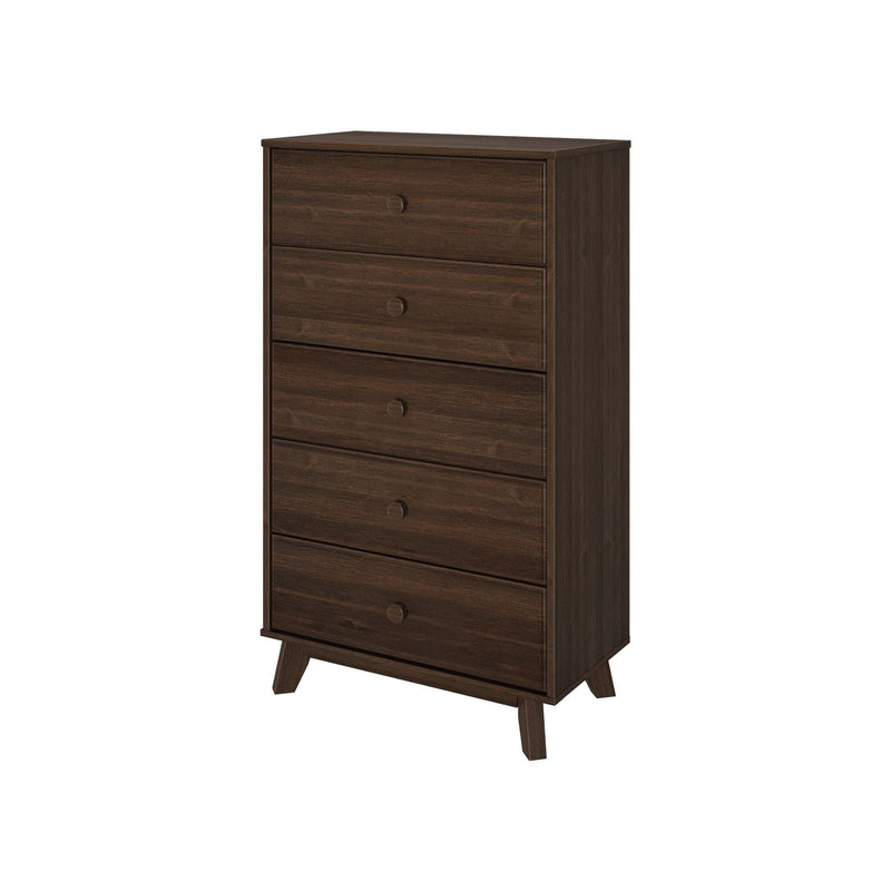 Mid-century modern five-drawer tall dresser in dark walnut finish with round wooden knobs and tapered angled legs for bedroom storage
