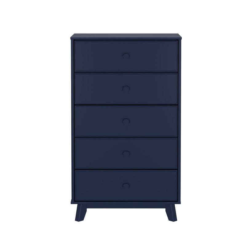 Navy blue five-drawer tall dresser with tapered mid-century style legs minimalist modern bedroom chest of drawers for storage