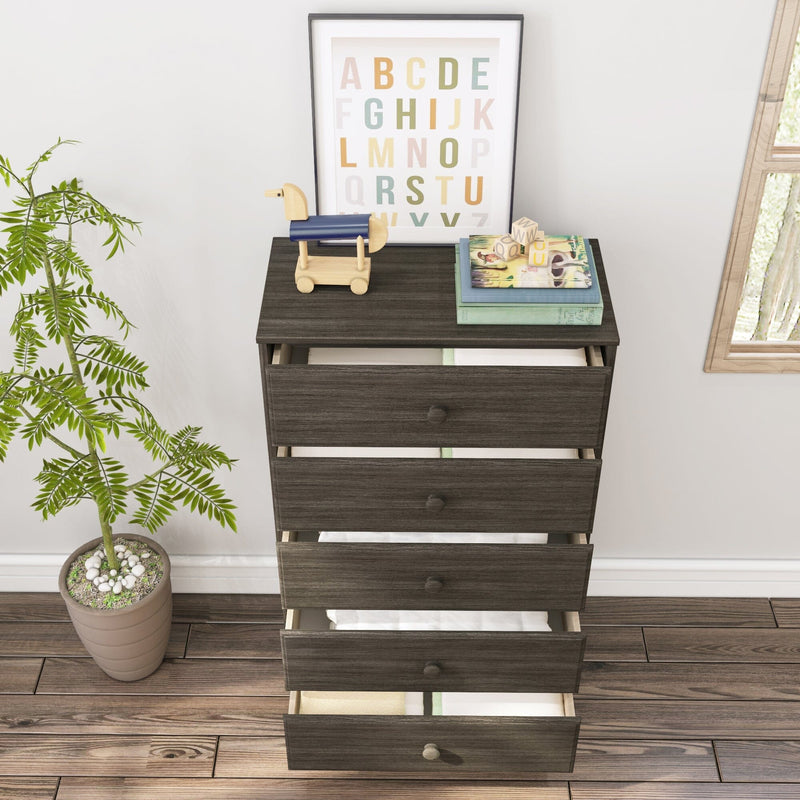 Dark wood tall nursery dresser with five open drawers, kids room storage topped with wooden toy horse, alphabet print, books and blocks, beside potted plant on hardwood floor