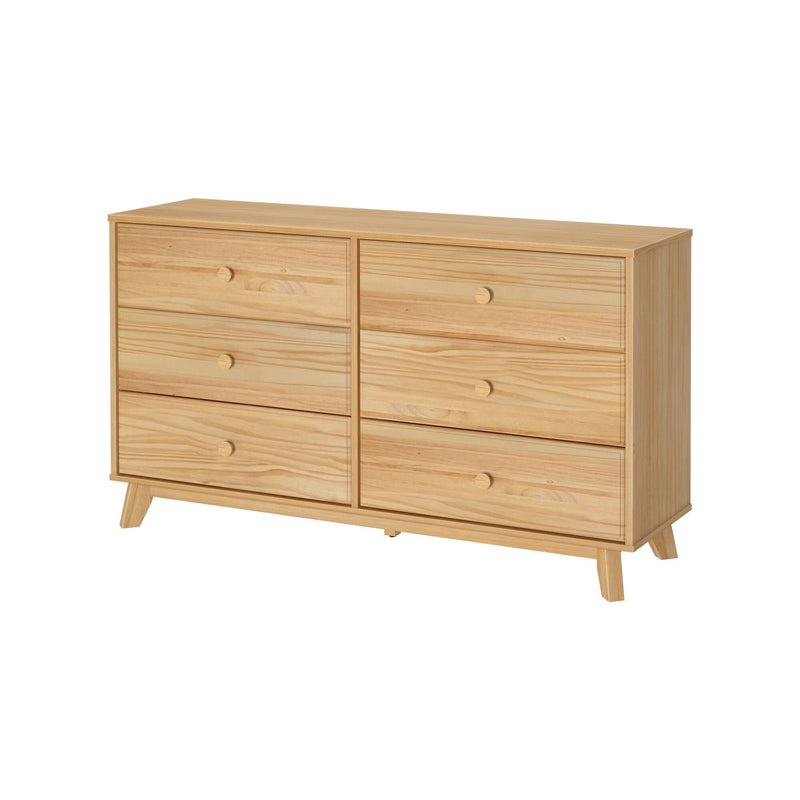 Natural pine 6-drawer wooden dresser with round knobs and angled legs, mid-century modern bedroom storage chest