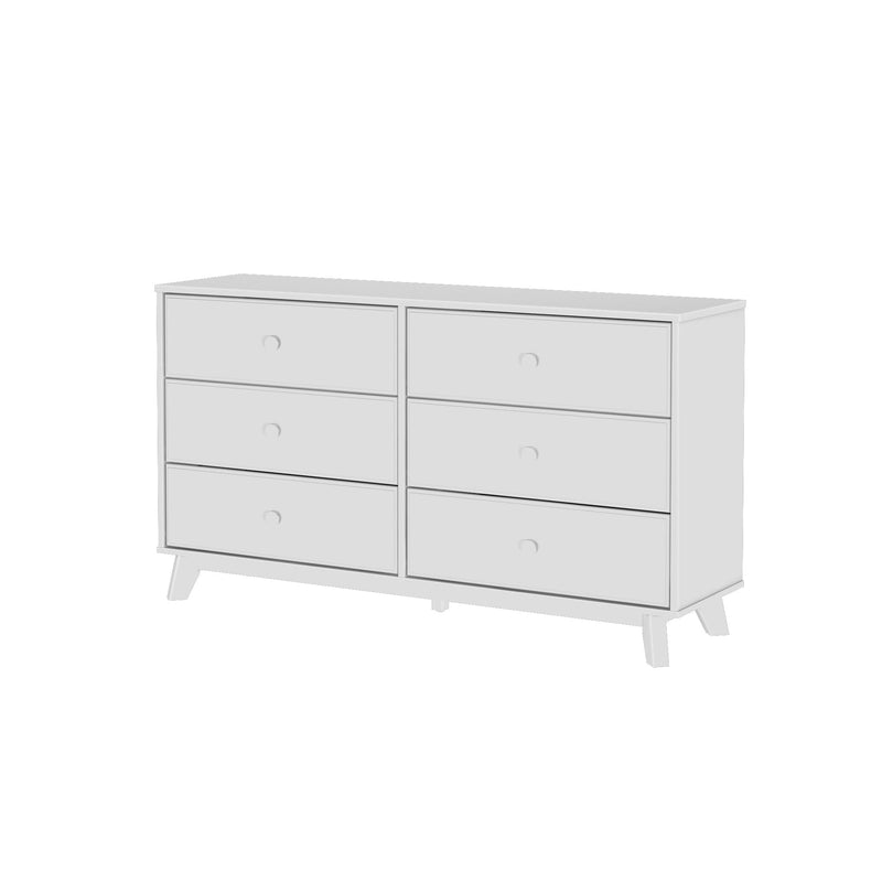 White mid-century modern six-drawer dresser with angled legs, minimalist wooden bedroom storage chest