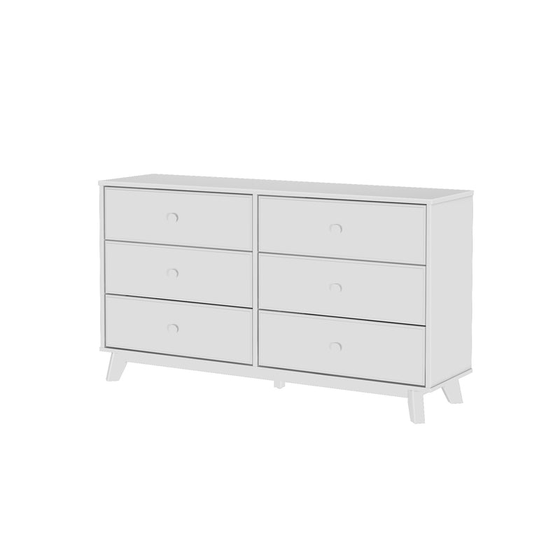 White mid-century modern six-drawer dresser with angled legs, minimalist wooden bedroom storage chest