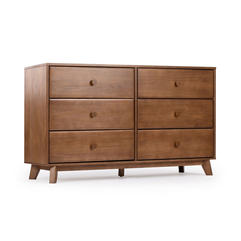 Mid-century modern solid wood 6-drawer walnut dresser with round knobs and tapered legs, bedroom storage chest