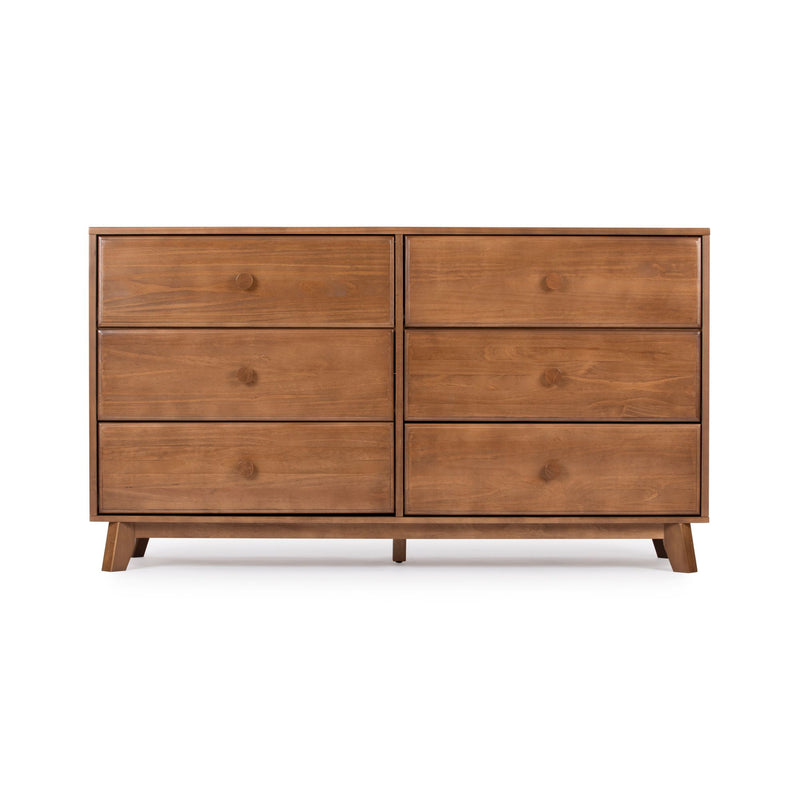 Mid-century modern 6-drawer solid wood dresser in warm walnut finish with tapered legs — minimalist bedroom chest of drawers