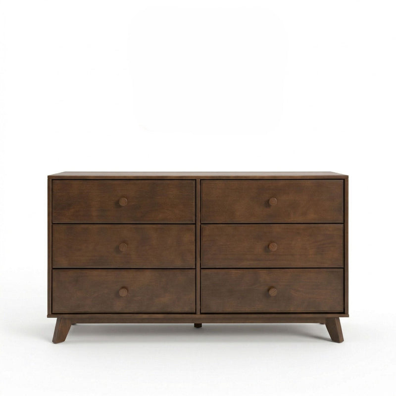 Mid-century modern walnut 6-drawer wooden dresser with round knobs and tapered legs, brown bedroom storage chest