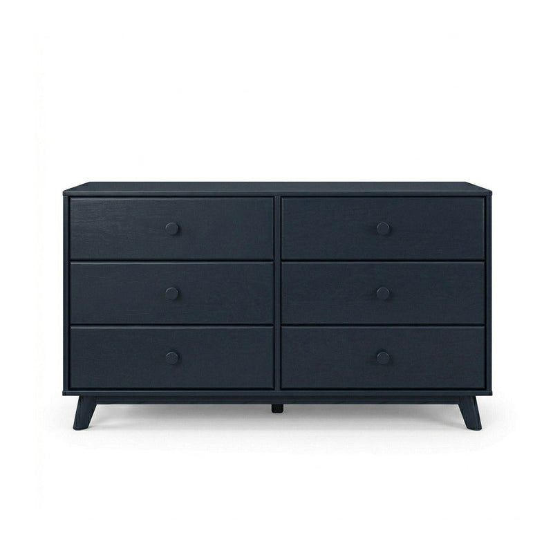 Navy blue six-drawer mid-century modern wooden dresser with round knobs and angled legs for bedroom storage