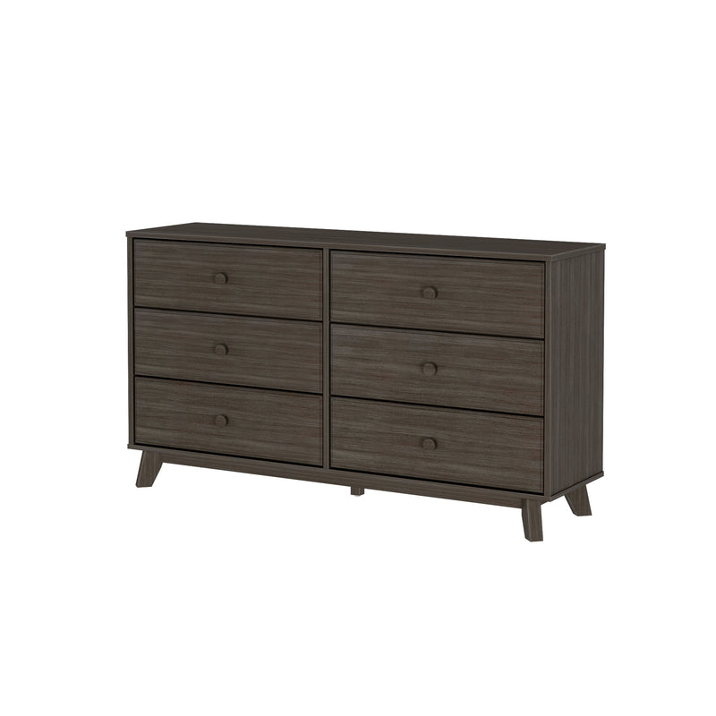 6-drawer mid-century modern dark wood dresser with round knob pulls and angled legs on white background