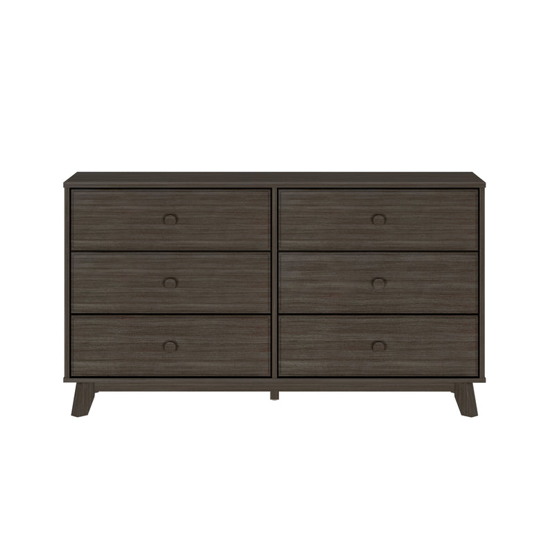 Dark walnut six-drawer mid-century modern dresser with round knobs and angled legs, bedroom storage