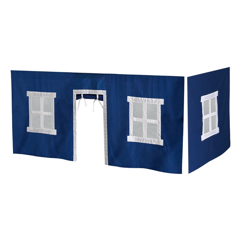 Blue fabric playhouse cover with white windows and door for children's imaginative play.
