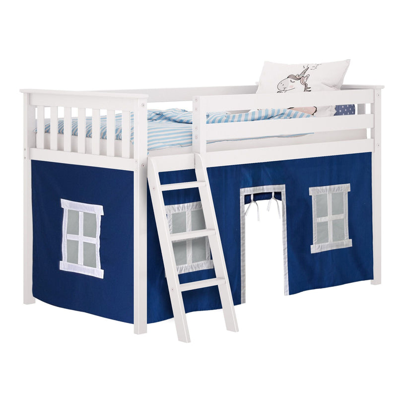 White children's loft bed with blue playhouse curtain and ladder.