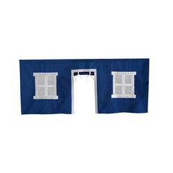 Blue fabric house facade with white window and door trim.