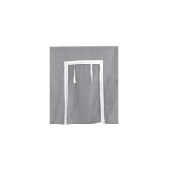 Gray and white fabric cover with rectangular opening and tie strings.