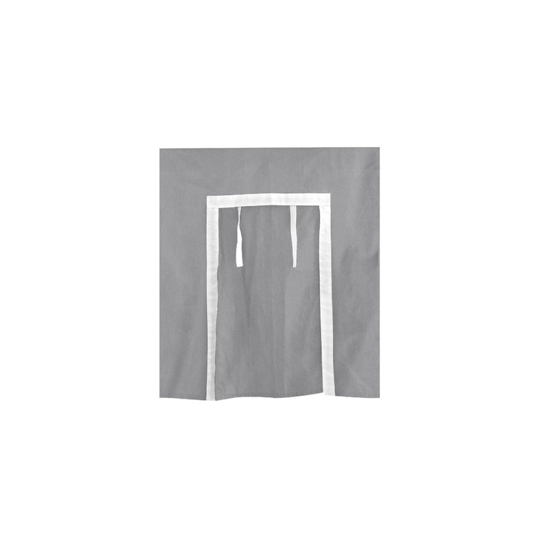 Gray and white fabric cover with rectangular opening and tie strings.
