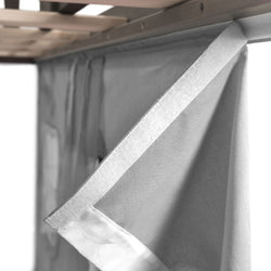 Gray fabric wardrobe curtain with Velcro attachment detail.