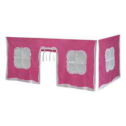 Pink and white play tent for kids with window designs and door opening.