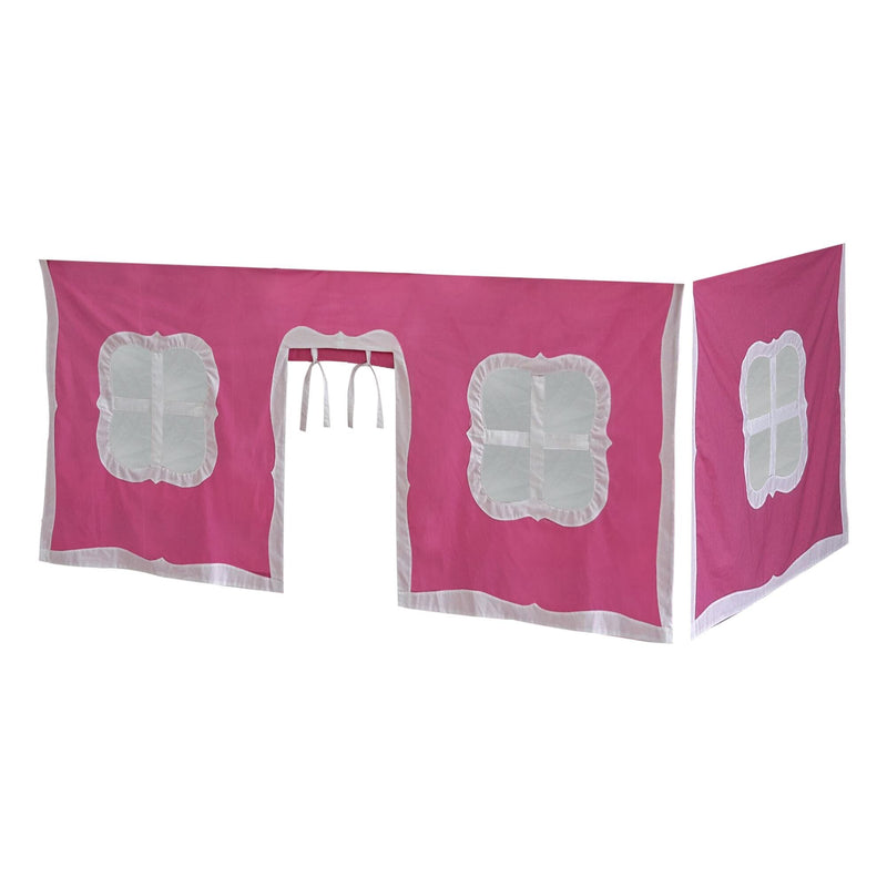 Pink and white play tent for kids with window designs and door opening.