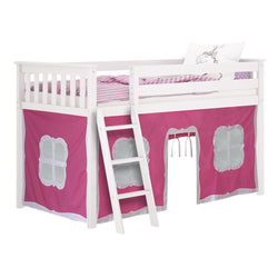 White wooden loft bed with pink playhouse curtain and ladder for kids' bedroom.