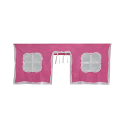 Pink fabric playhouse curtain with window cutouts and white trim for children's loft beds.