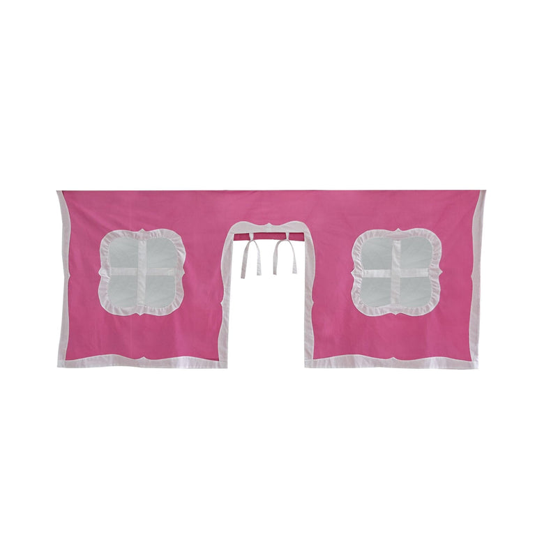 Pink fabric playhouse curtain with window cutouts and white trim for children's loft beds.