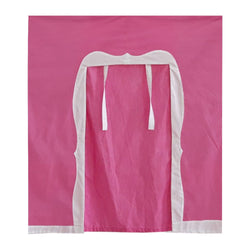 Pink baby playpen fabric cover with white trim and closure ties.