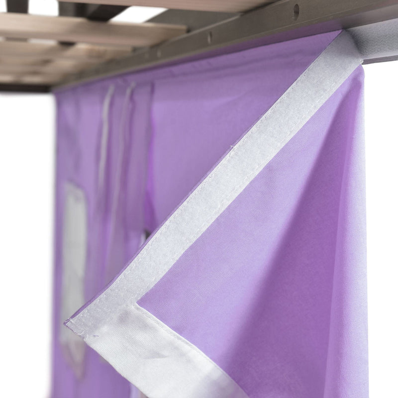 Purple fabric with white trim detail on a bunk bed frame.