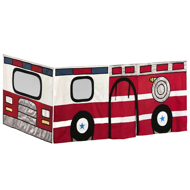 Toy fire truck-themed play tent for kids in vibrant red with realistic details.