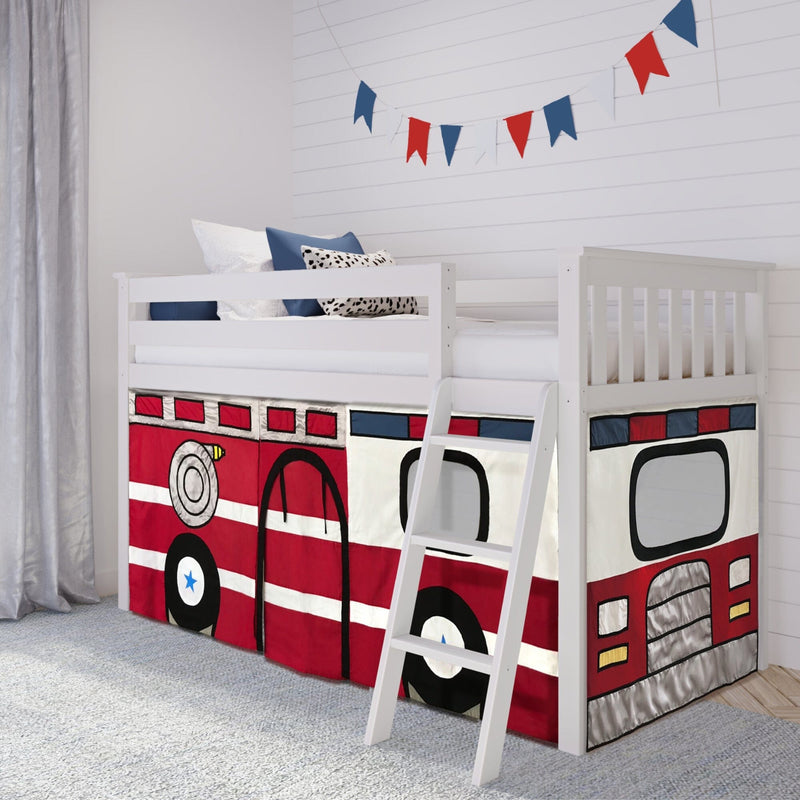 Fire truck themed loft bed with ladder for kids in a decorated bedroom.