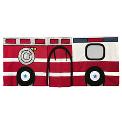 Red and white play tent with fire truck design and large windows.