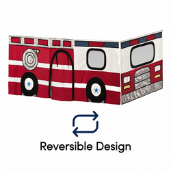 Reversible firetruck-themed fabric play tent divider for kids.