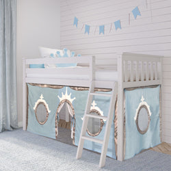 Children's loft bed with blue tent curtains, ladder, and crown-themed decor in a bright kids' playroom.