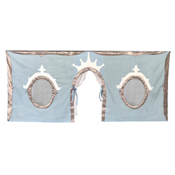 Blue play tent cover with crown and window designs for children's beds.