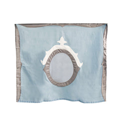 Luxury blue silk scarf with intricate oval design featuring silver and white accents.