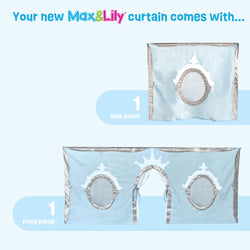 Blue Max & Lily curtain set featuring a side panel and front panel with decorative silver accents.