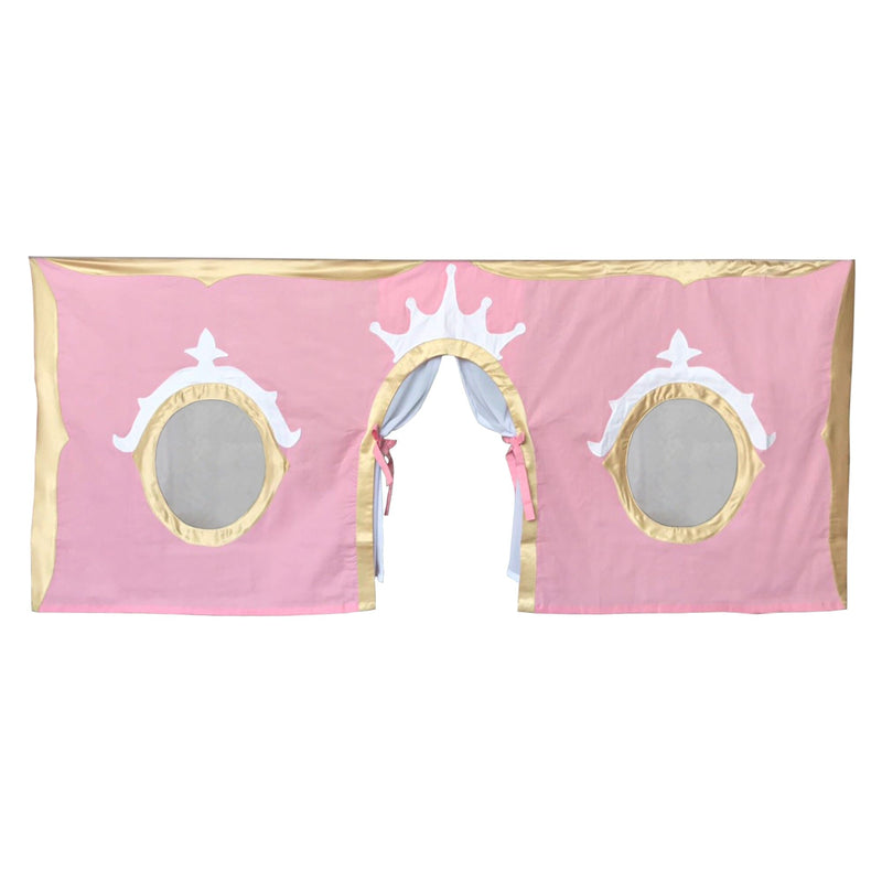 Pink princess castle bed canopy with crown design and arched window openings for children's bedroom decoration.