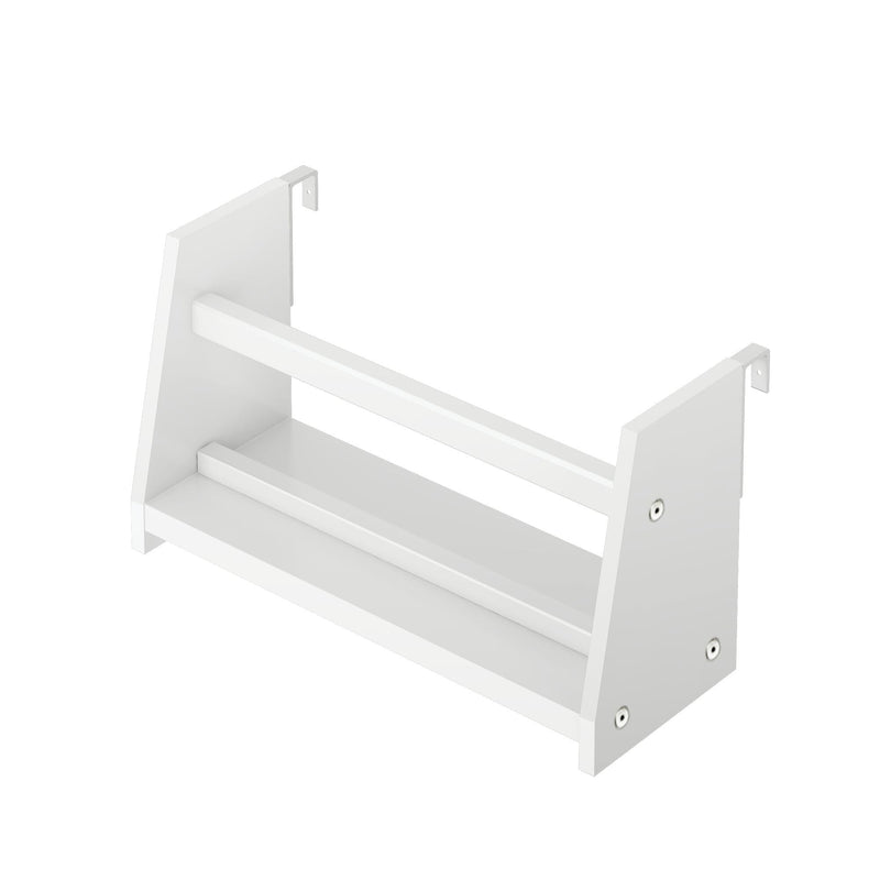 White wall-mounted two-tier shelf with horizontal rails, modern kitchen spice rack and bathroom towel storage organizer