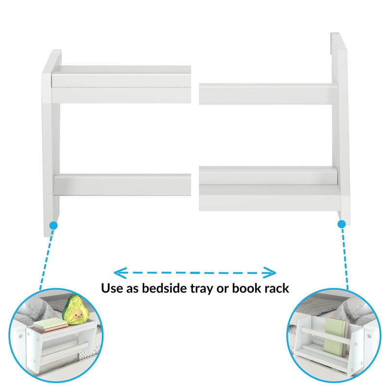 Attachable white wooden bedside organizer with shelves and tray, convertible bedside tray and book rack for bedroom storage and small items