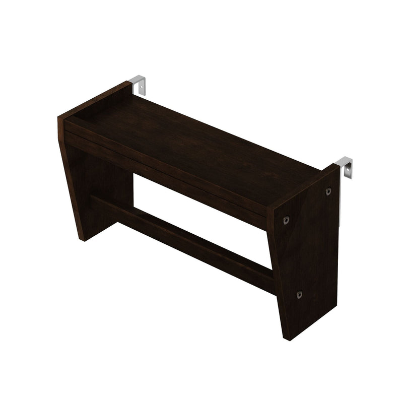 Dark espresso wall-mounted wooden floating bench with integrated lower towel bar and silver metal mounting brackets, modern space-saving entryway or bathroom shelf