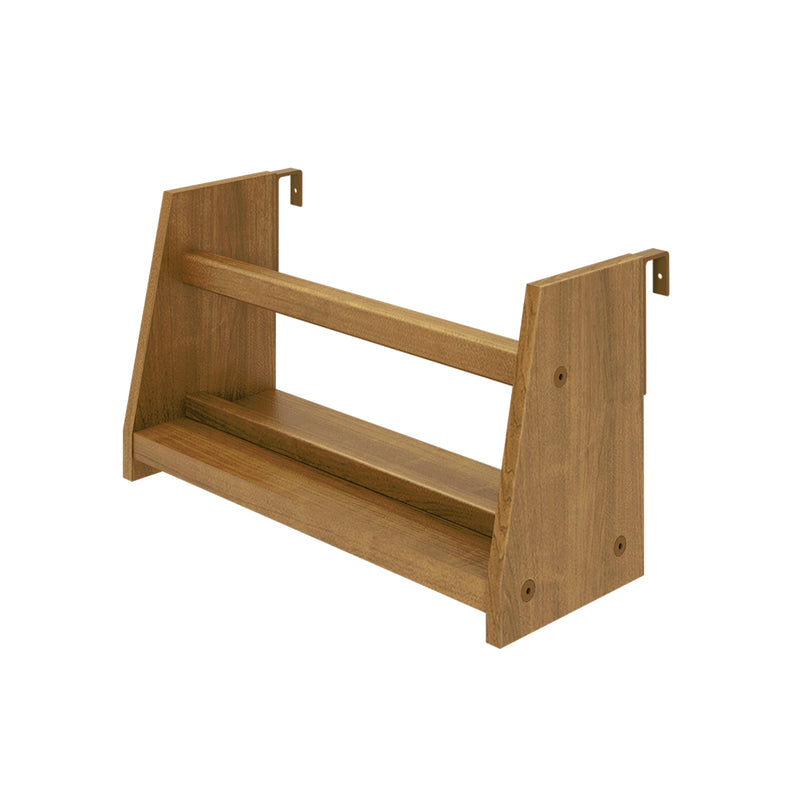 Oak wall-mounted wooden shelf frame with metal mounting brackets and horizontal slats in a natural wood finish