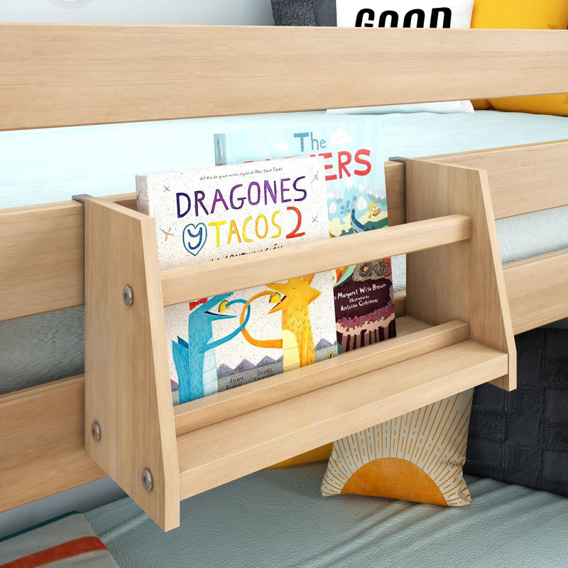 Wooden bedside bookshelf mounted on bunk bed holding colorful children's board books, kids bedroom storage and bedside book organizer