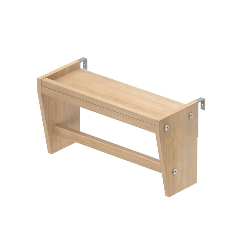 Wall-mounted natural oak shelf with metal brackets, modern minimalist bench-style wooden storage shelf