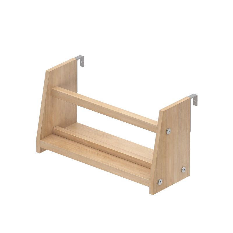 Light oak wooden wall-mounted shoe rack frame with slatted shelves and gray metal mounting brackets, minimalist storage organizer on white background