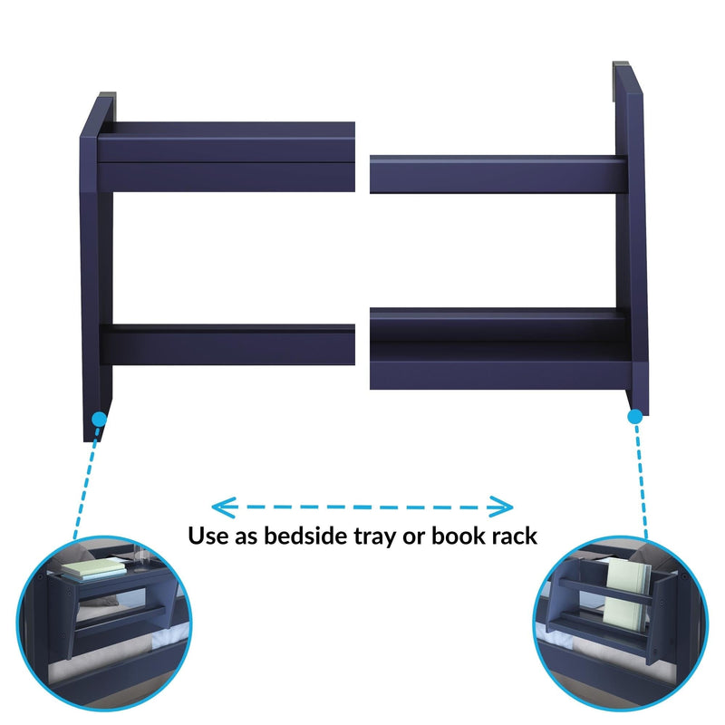 Attachable bedside tray and book rack, navy blue wooden bed frame organizer for books, phone, and glasses