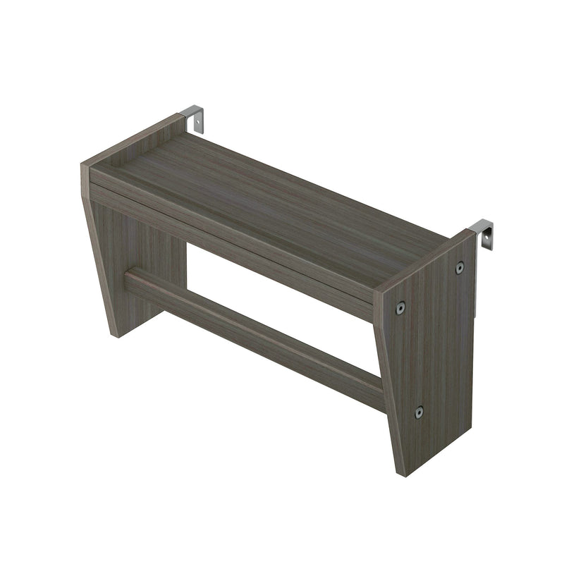 Dark gray wood wall shelf with metal L-brackets and visible screw holes for floating shelf installation