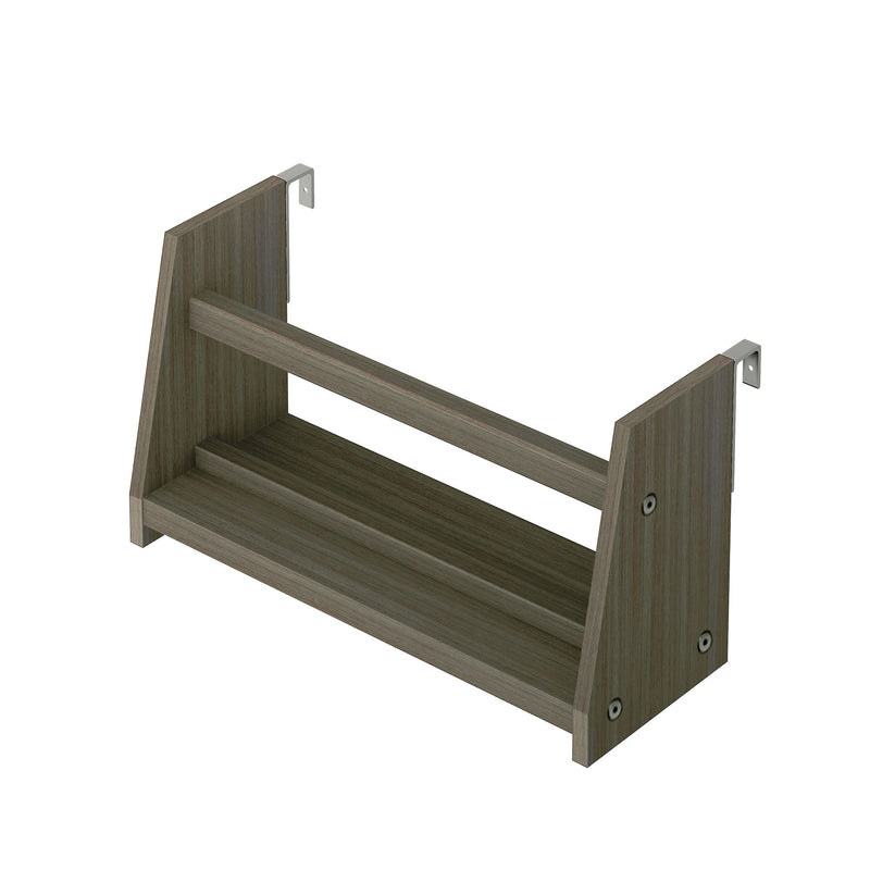 Wall-mounted rustic gray oak wooden shelf with slatted tiers and metal L-brackets for bathroom or entryway storage